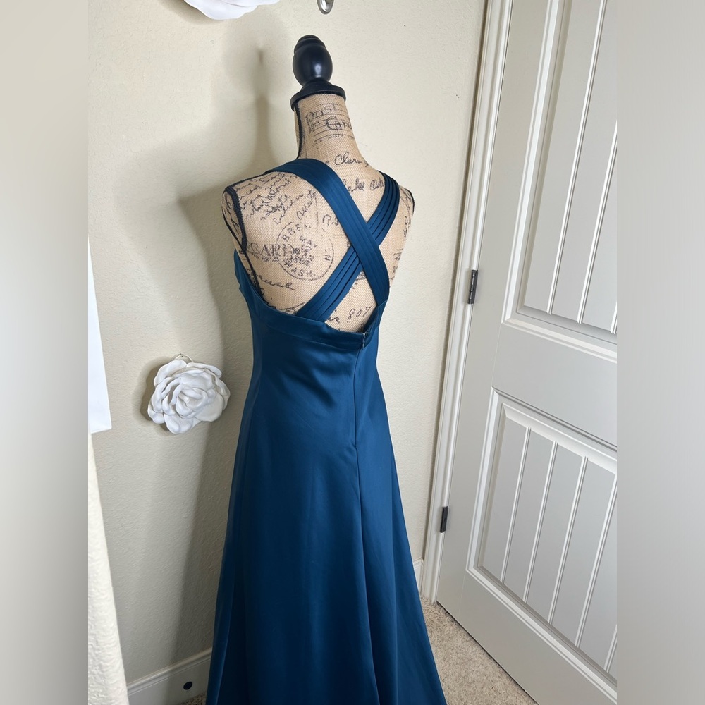 Calvin Klein Dark Ocean Blue/Green Satin Halter Formal Gown with Train Sz 10 - Picture 12 of 13